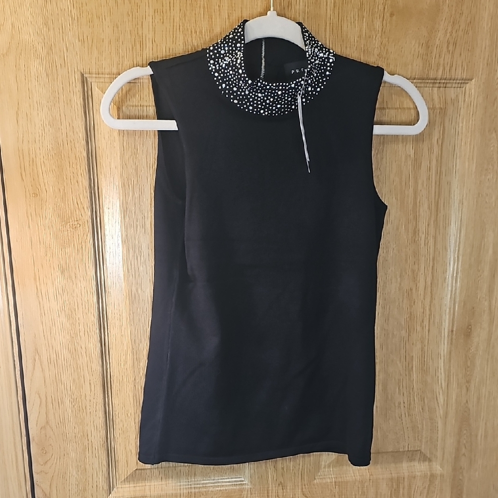 Premise Black Sleeveless Blouse with Beaded Collar